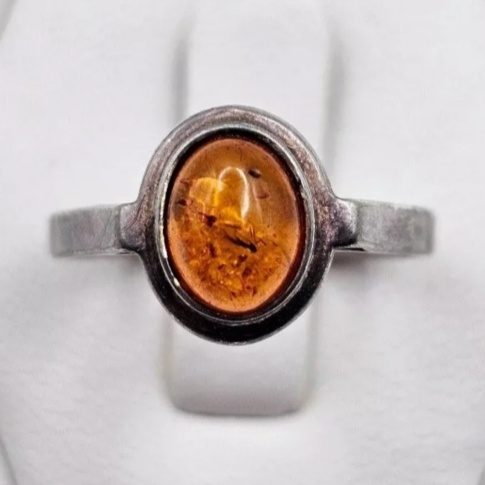 Vintage Sterling Silver 925 Baltic Amber Simple Ring Size 7.25